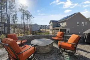 Outdoor fire pit in the backyard of a home