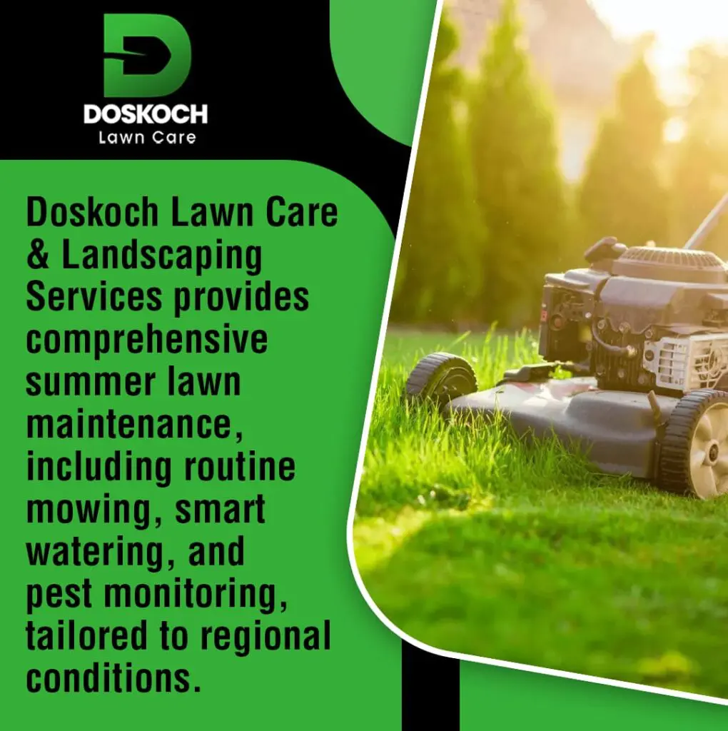 An advertisement for Doskoch Lawn Care & Landscaping Services showing a lawnmower on a lush, green lawn with bright sunlight.