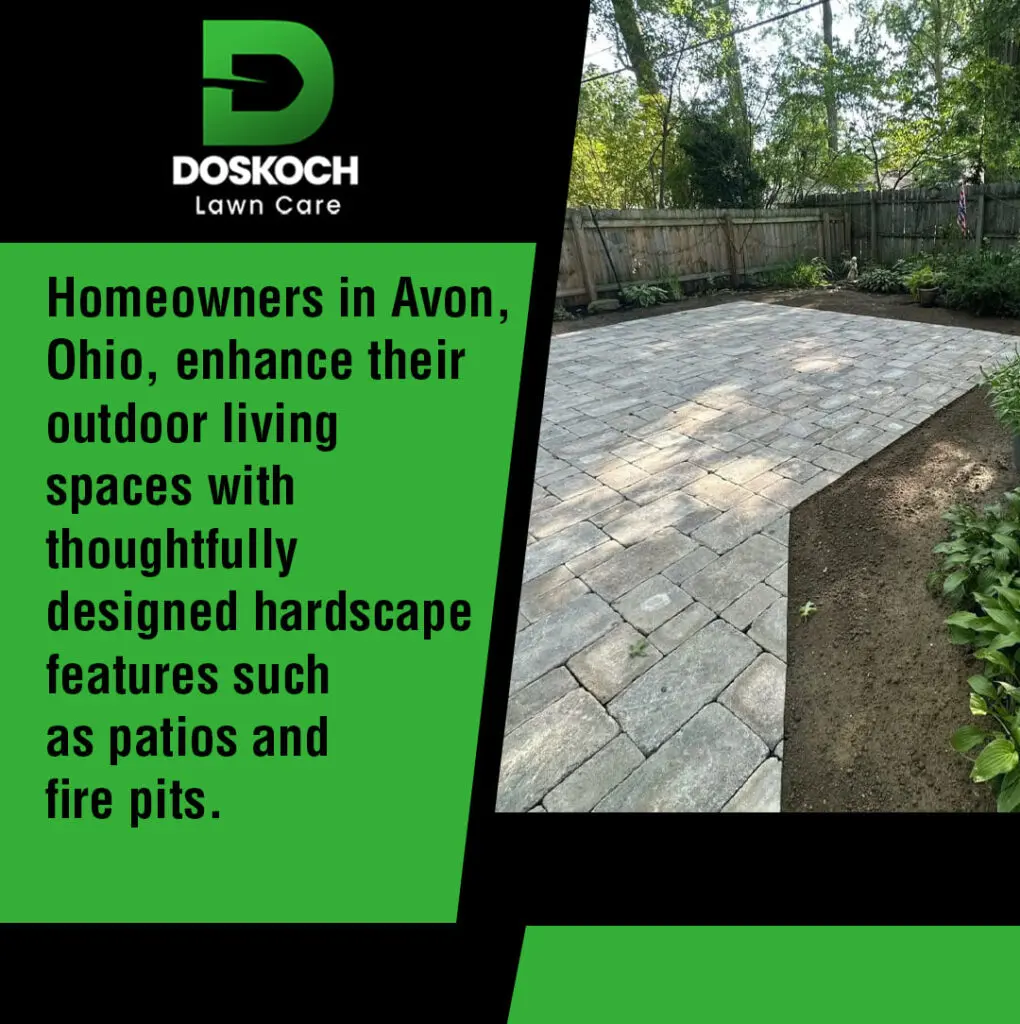 An advertisement for Doskoch Lawn Care showing a newly installed, square-shaped paver patio in a backyard with a wooden fence.