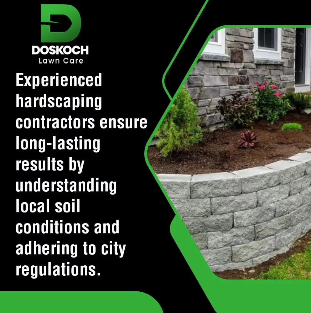 An advertisement for Doskoch Lawn Care showing a detailed view of a stone retaining wall in front of a house.