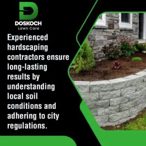 An advertisement for Doskoch Lawn Care showing a detailed view of a stone retaining wall in front of a house.