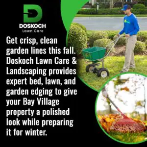 A man using a seed spreader on a lawn, and a close-up inset of a rake in a pile of leaves. Text promotes Doskoch Lawn Care & Landscaping for crisp, clean garden lines and professional edging services in Bay Village to prepare properties for winter. The Doskoch Lawn Care logo is prominent.