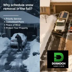 A split image showing a person shoveling snow from a driveway next to a car covered in snow on the left, and a snow plow truck clearing a commercial driveway on the right.
