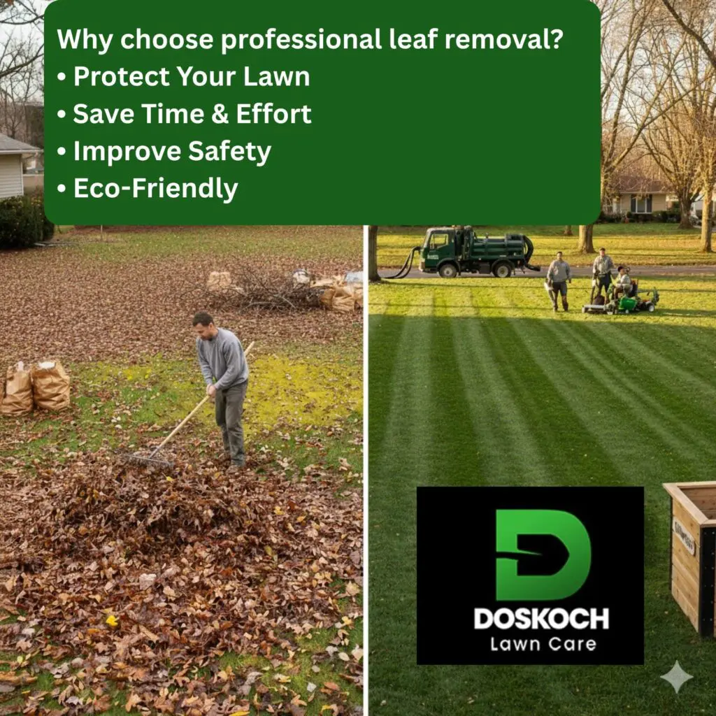A split image showing a man raking a large pile of leaves on the left, and a professional landscaping crew with equipment clearing a beautifully striped green lawn on the right.