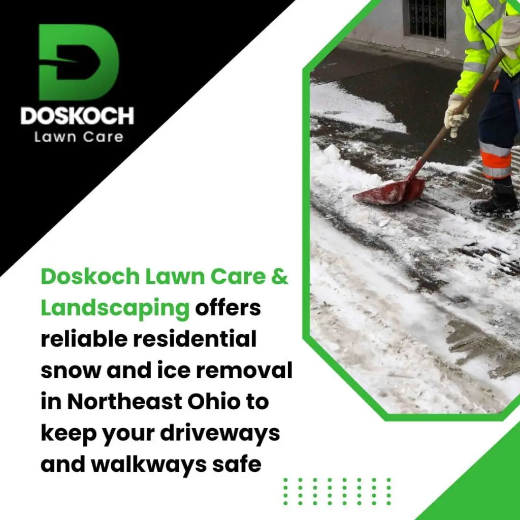 Promotional graphic for Doskoch Lawn Care & Landscaping featuring a worker shoveling snow from a driveway.