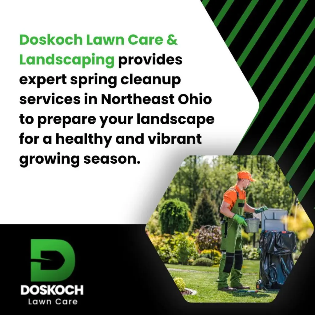 Promotional graphic for Doskoch Lawn Care & Landscaping featuring green and black diagonal stripes and a photo of a landscaper in a green uniform working in a lush yard.