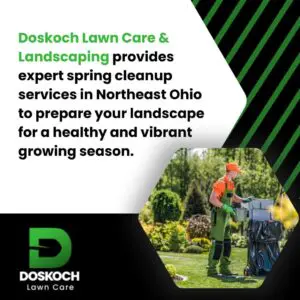 Promotional graphic for Doskoch Lawn Care & Landscaping featuring green and black diagonal stripes and a photo of a landscaper in a green uniform working in a lush yard.