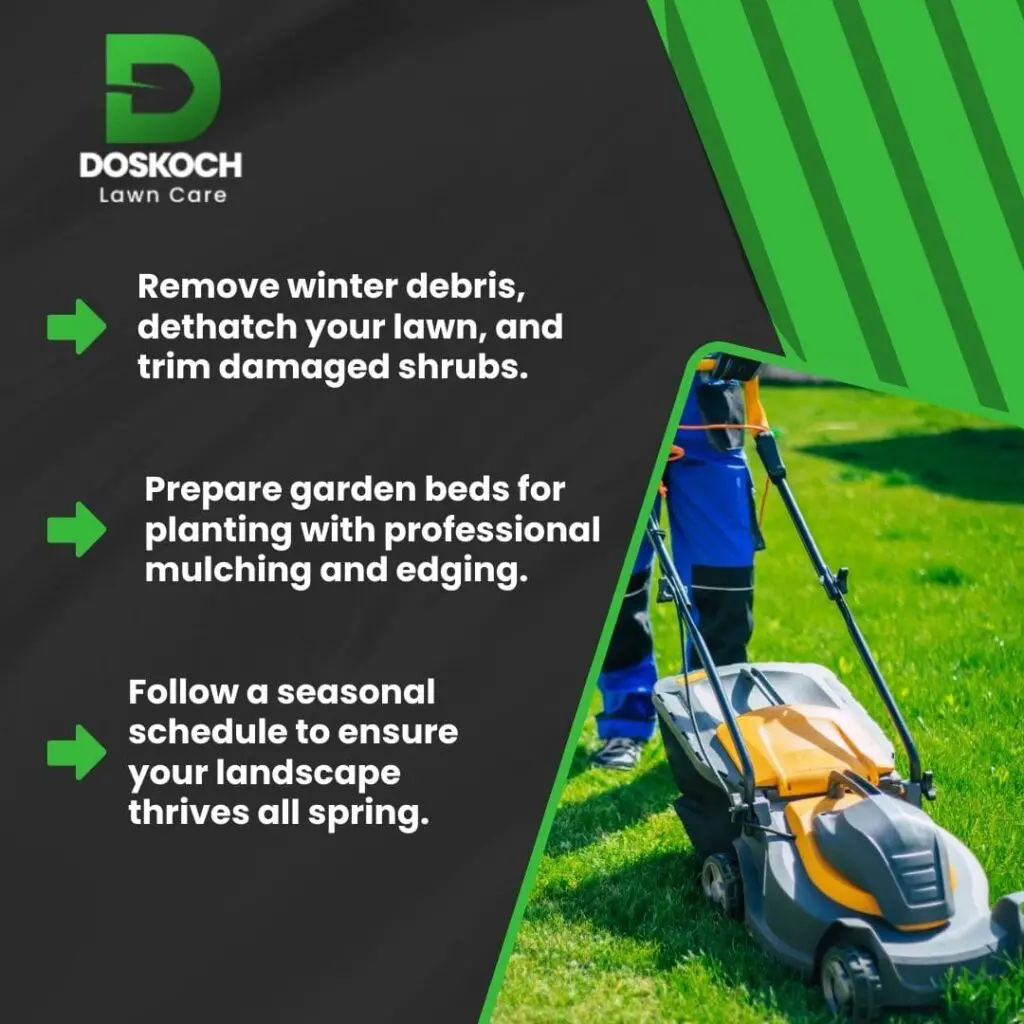 A worker mowing a bright green lawn.