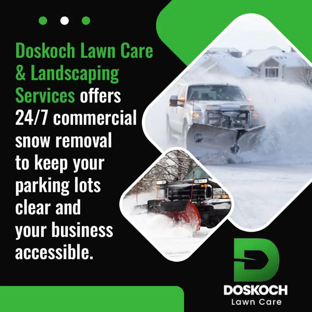 Commercial snow removal truck plowing heavy snow to keep business parking lot accessible