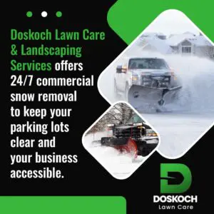 Commercial snow removal truck plowing heavy snow to keep business parking lot accessible