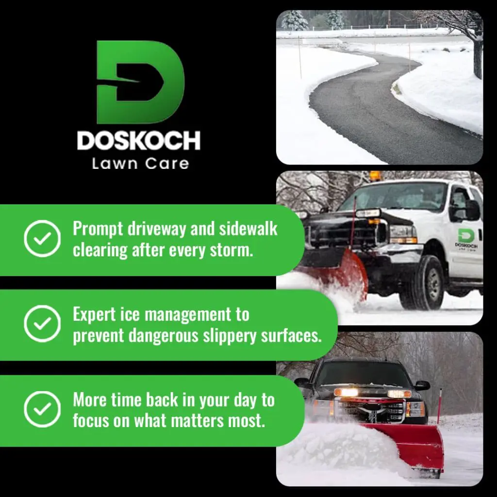 Residential snow removal truck clearing driveway and sidewalk after winter storm for safe home access