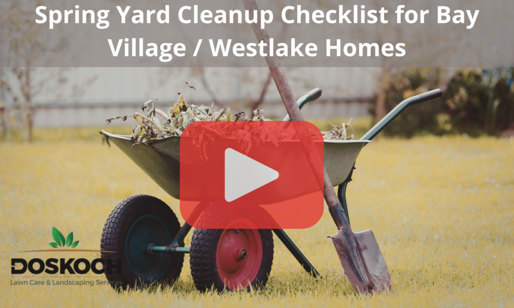 Wheelbarrow with shovel and sticks. Red play buttom overlay with words: Spring Yard Cleanup Checklist for Bay Village / Westlake Homes