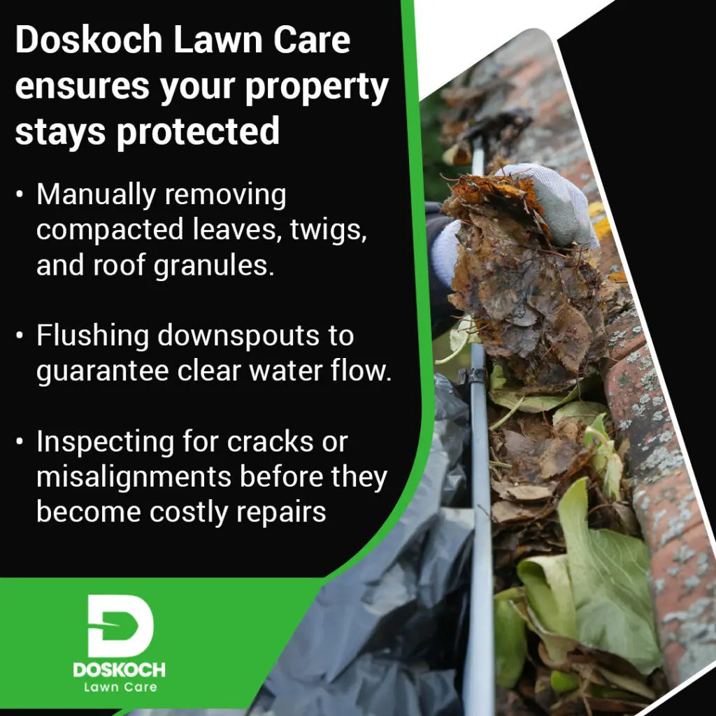 Man removing leaves and debris from clogged roof gutter to improve water drainage and prevent damage