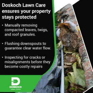 Man removing leaves and debris from clogged roof gutter to improve water drainage and prevent damage
