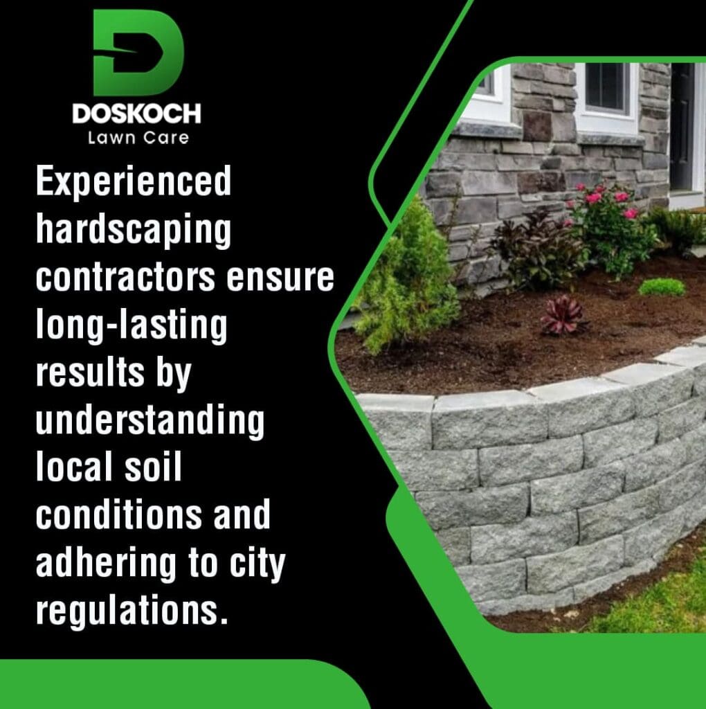 An advertisement for Doskoch Lawn Care showing a detailed view of a stone retaining wall in front of a house.