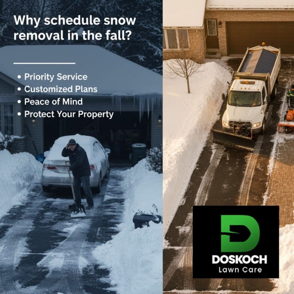 A split image showing a person shoveling snow from a driveway next to a car covered in snow on the left, and a snow plow truck clearing a commercial driveway on the right.