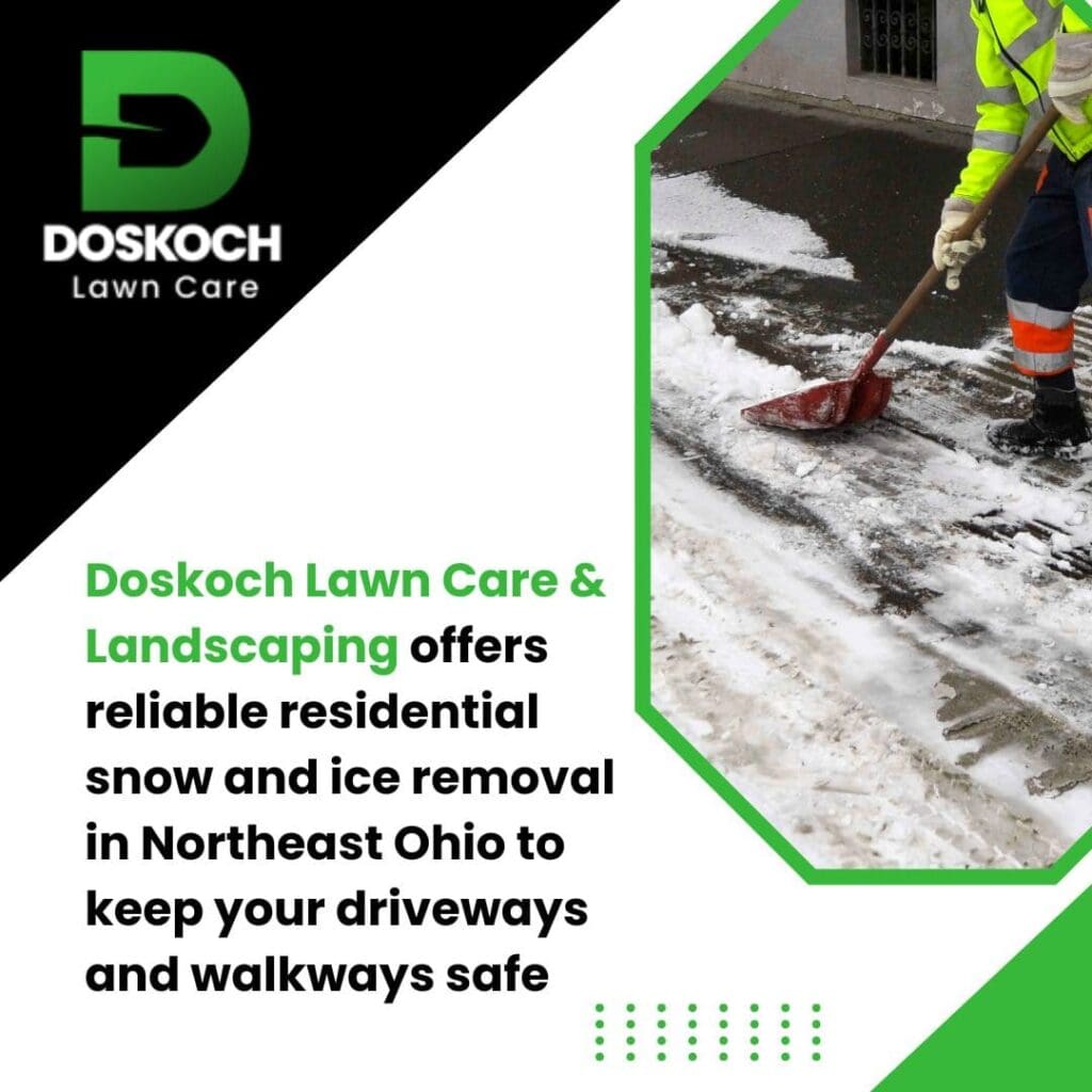 Promotional graphic for Doskoch Lawn Care & Landscaping featuring a worker shoveling snow from a driveway.