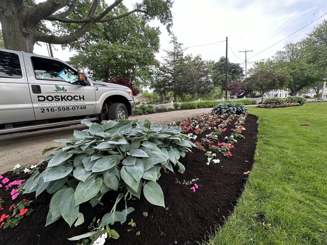 Fresh black mulch installed in a front yard flower bed with hostas and colorful seasonal flowers beside a residential driveway.