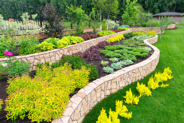 Landscaping beds with a large variety of plants.