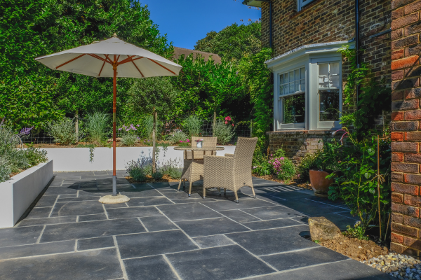 Large patio with furniture.