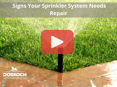 Close up of sprinkler. Red play buttom overlay and Doskoch logo.