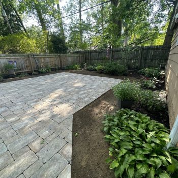 New Stone Patio with Fresh Landscaping A newly installed stone patio surrounded by freshly mulched flower beds with green plants and shrubs. The area is enclosed by a wooden fence with tall trees in the background, creating a serene backyard environment.